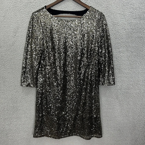 Worthington Shift‎ Dress Womens Small Gold Sequin 3/4 Sleeve Keyhole NYE Party - Picture 1 of 6